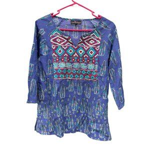 NEW NWT $78 Liza Byrd coastal Top Festival Boho Embroidered Tunic Blouse Blue S